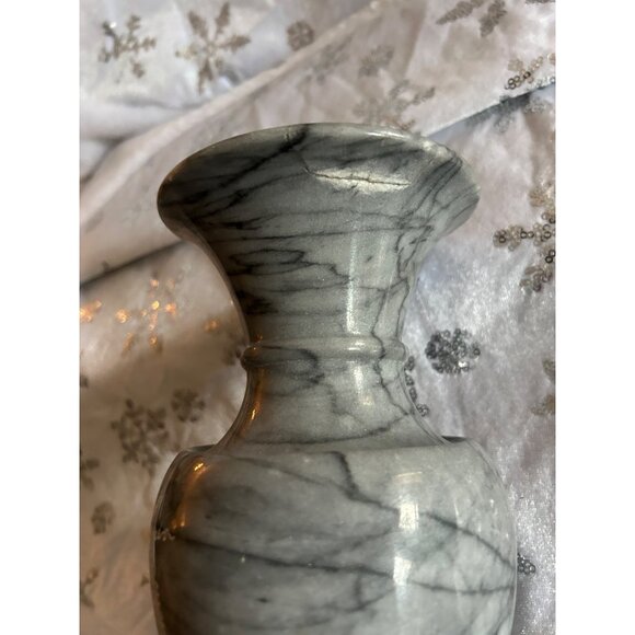 Handcrafted Gray Marble Vase With Intricate Silver Peacock Design - Picture 5 of 9